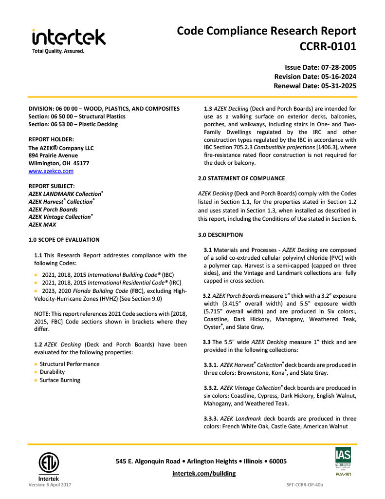 AZEK Advanced PVC & Porch Boards Code Compliance Research Report-PDF
