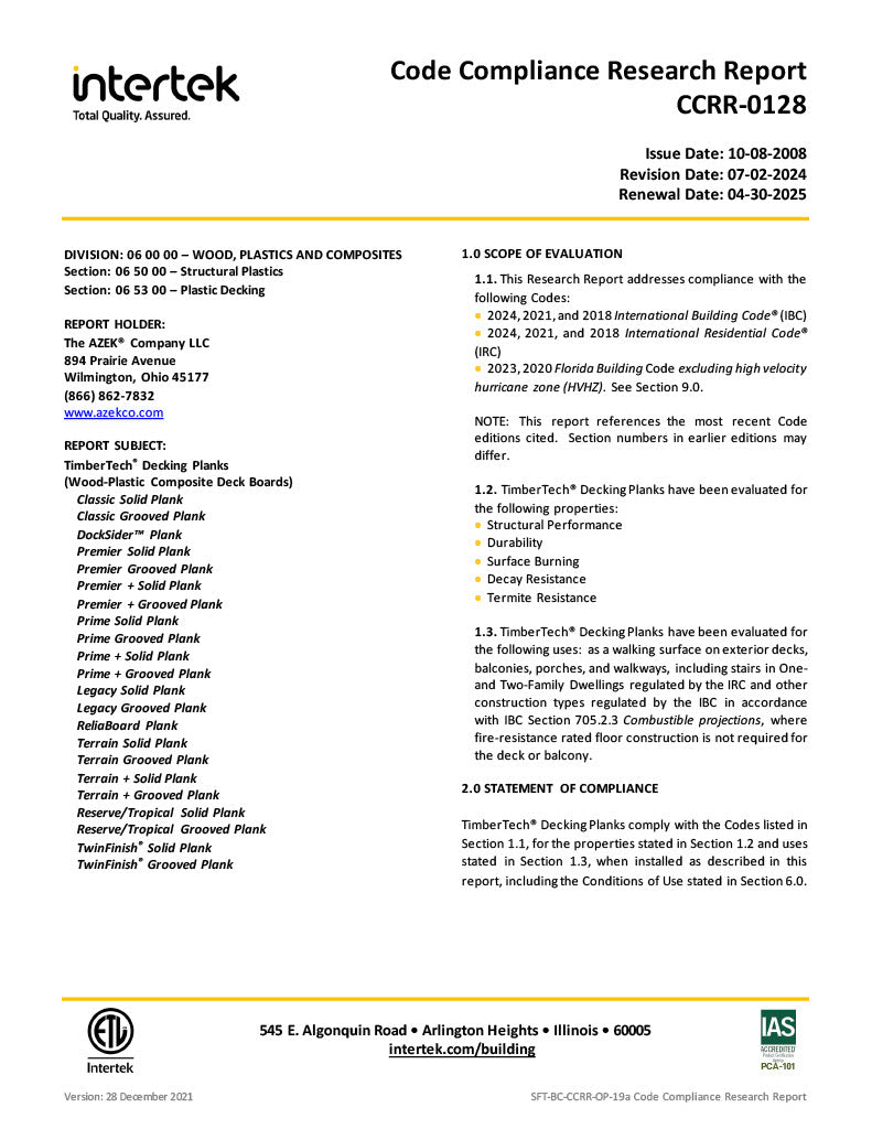 TimberTech Decking Planks Code Compliance Research Report-PDF
