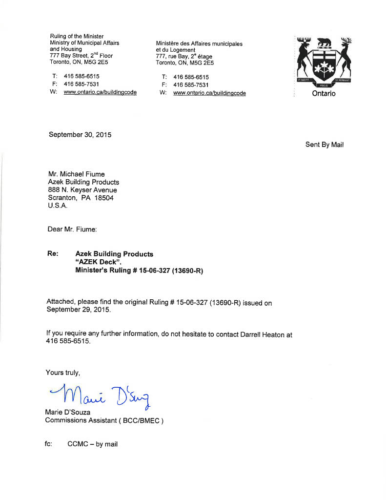 AZEK Decking Ontario Ministers Ruling-PDF
