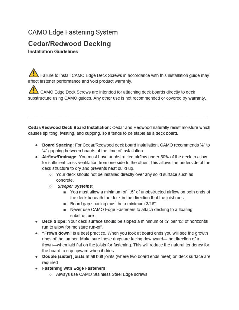 CAMO Edge Screw Installation with Cedar or Redwood Decking-PDF