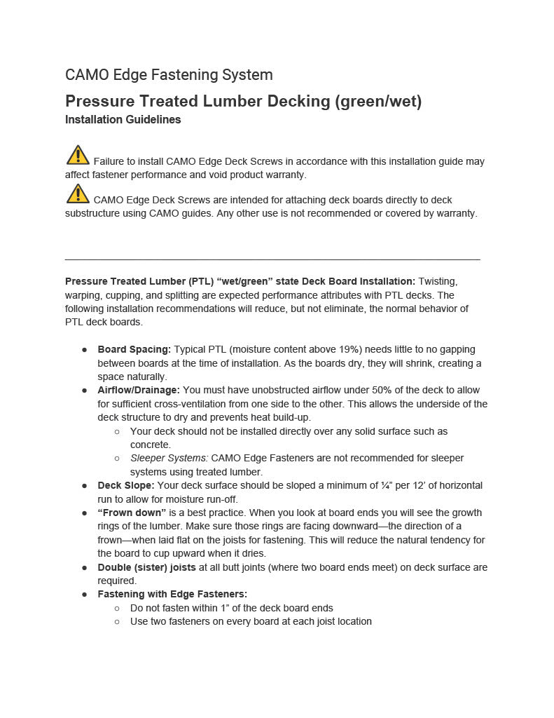 CAMO Edge Screw Installation with Pressure Treated Lumber-PDF