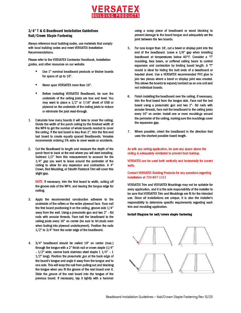 Beadboard Installation Guidelines – Nail & Crown Staple Fastening-PDF