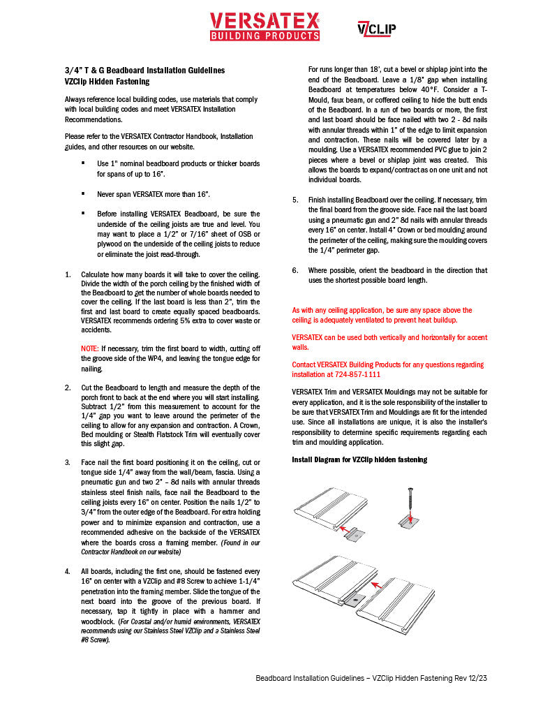 Beadboard Installation Guidelines – VZClip Hidden Fastening-PDF