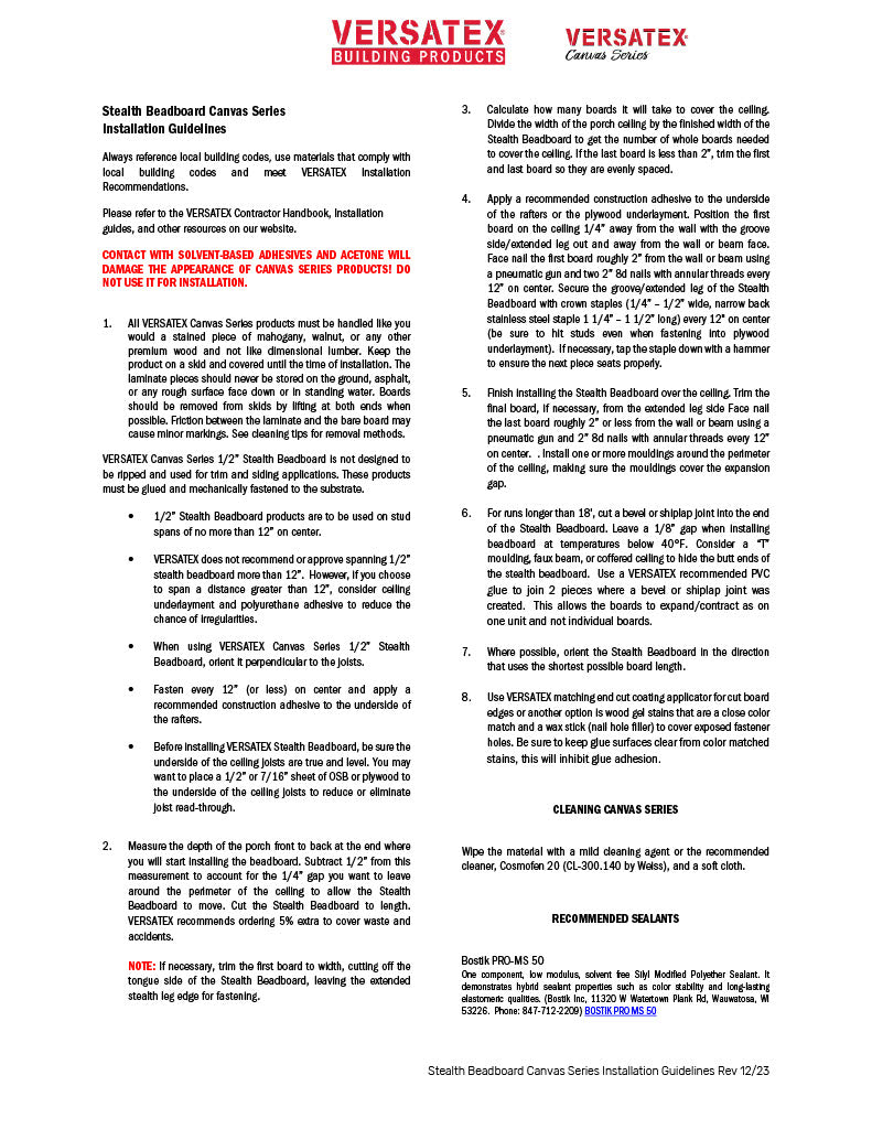 Versatex Canvas Series Stealth Beadboard Installation Guidelines-PDF