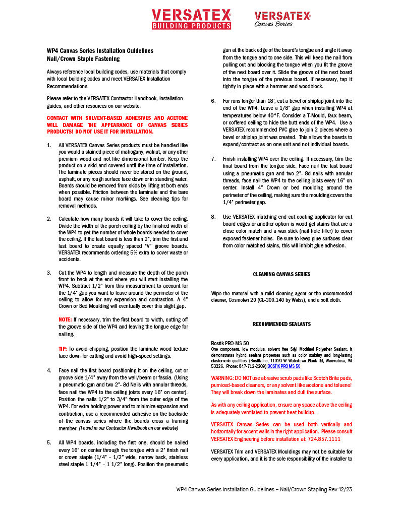 Versatex Canvas Series WP4 Installation Guidelines – Nail & Crown Staple Fastening-PDF