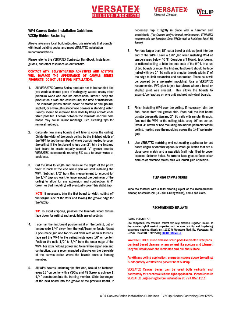 Versatex Canvas Series WP4 Installation Guidelines – VZClip Hidden Fastening-PDF