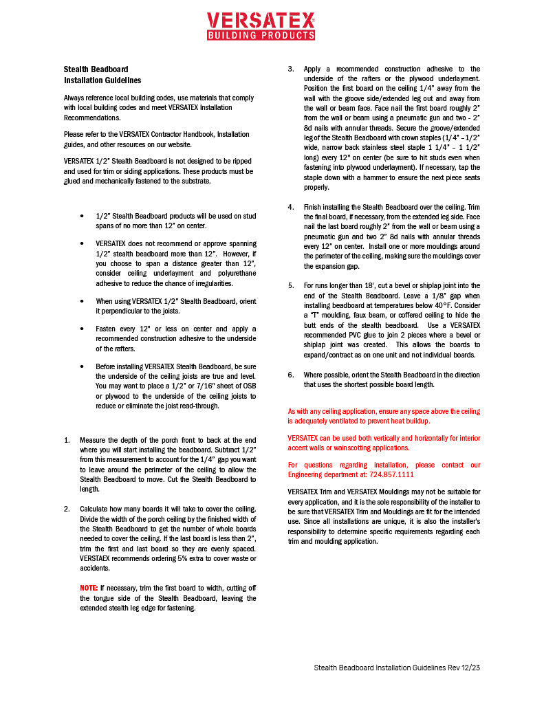 Versatex Stealth Beadboard Installation Guidelines-PDF