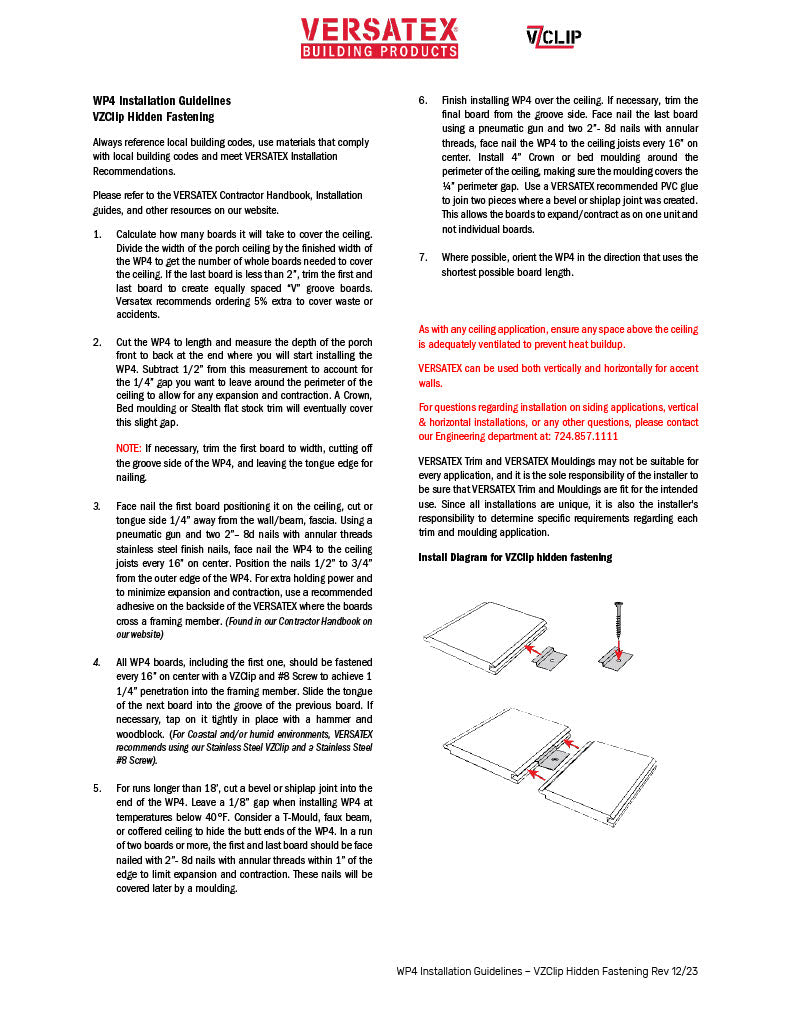 Versatex WP4 Installation Guidelines – VZClip Hidden Fastening-PDF