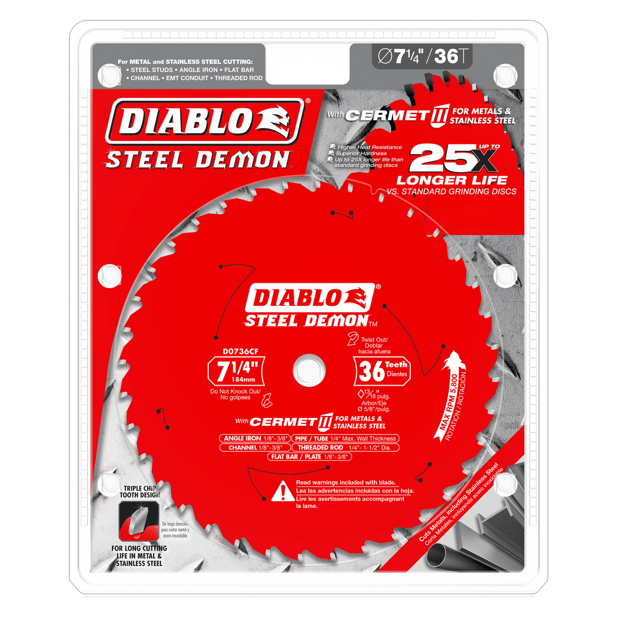 Diablo 7-1/4in x 36-Teeth Steel Demon Cermet II Saw Blade for Thick Metal