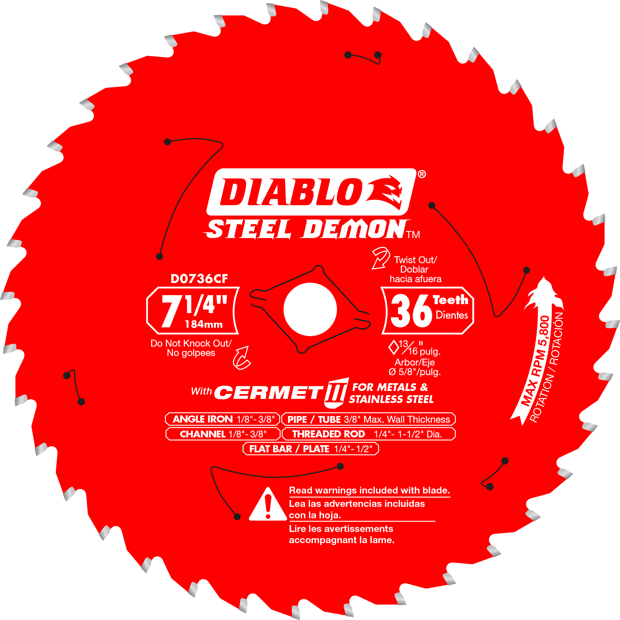 Diablo 7-1/4 x 36-Teeth Steel Demon Cermet II Saw Blade for Thick Metal-10-5/8