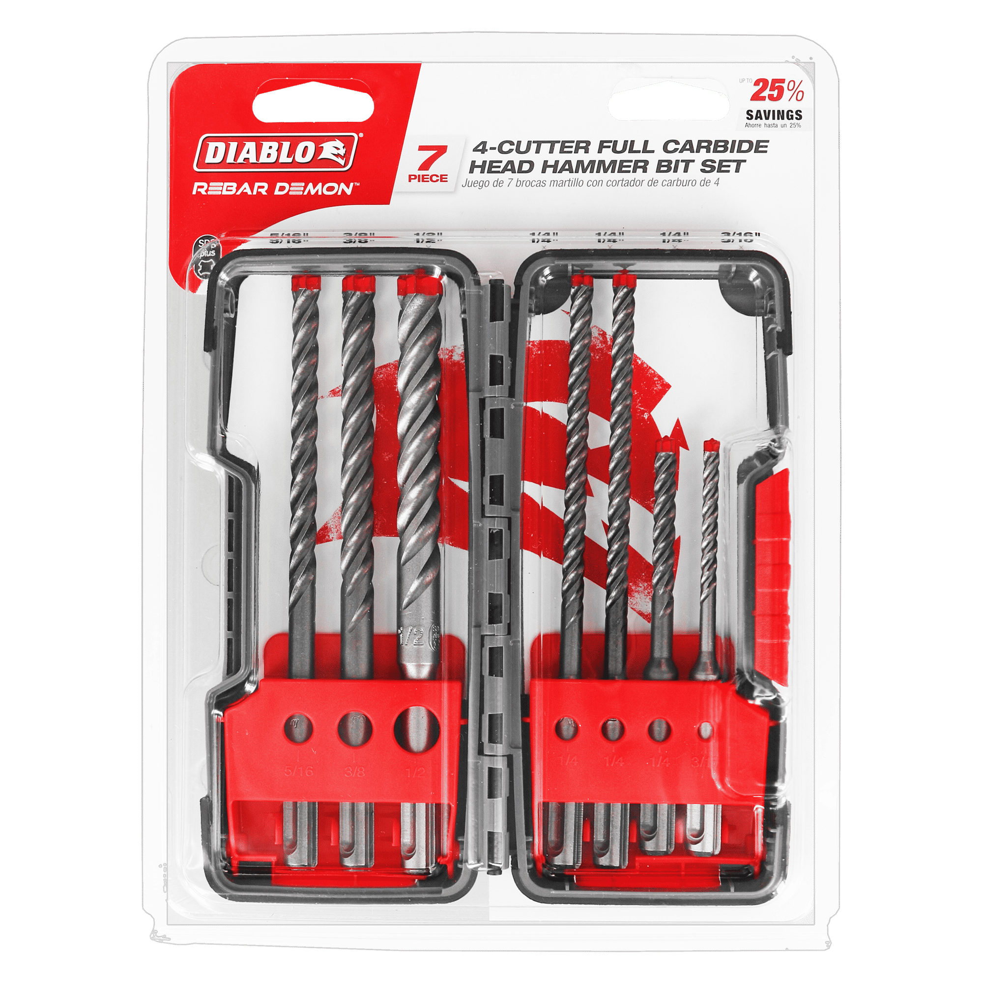Diablo 7pc Rebar Demon SDS-Plus 4-Cutter Full Carbide Head Hammer Bit Set