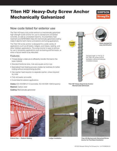Simpson Strong-Tie Titen HD® Mechanically Galvanized Heavy-Duty Screw Anchor-1/2in-5in-20