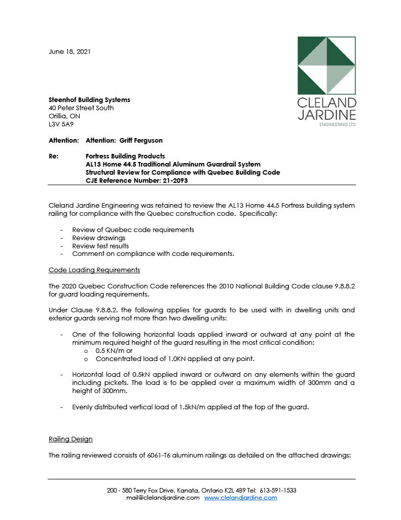 Fortress AL13 Home Railing Test Report QBC