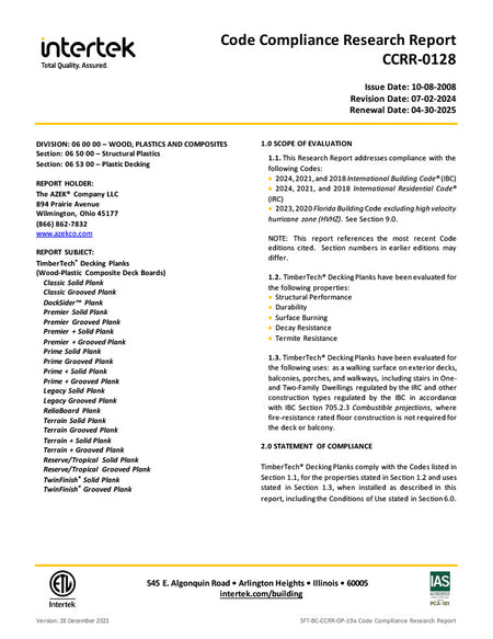 TimberTech Decking Planks Code Compliance Research Report-PDF