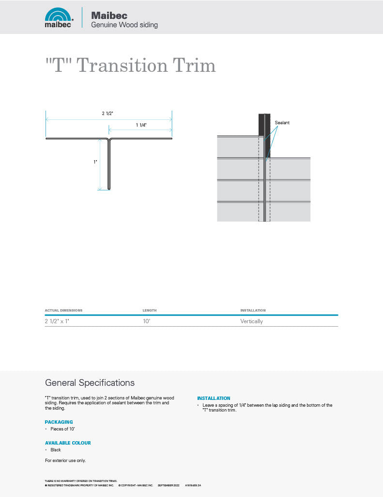 Maibec Technical Sheet - "T" Transition Trim