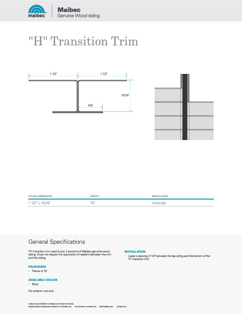 Maibec Technical Sheet - "H" Transition Trim
