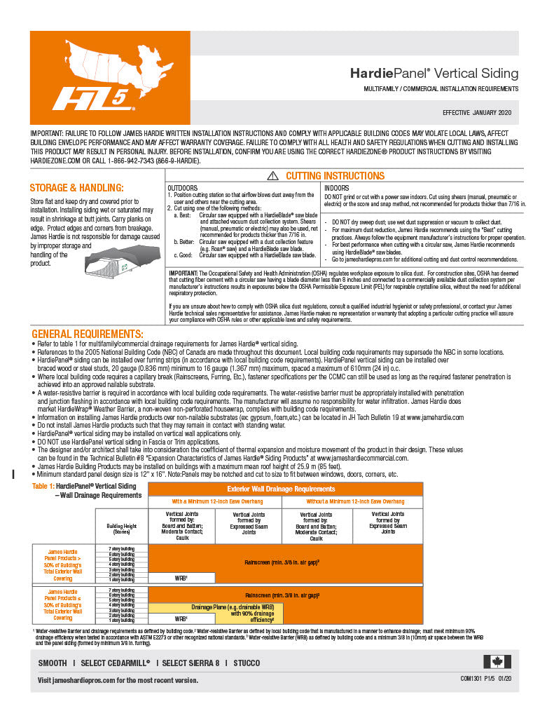 James Hardie Panel Vertical Siding Commercial Installation Requirements-PDF